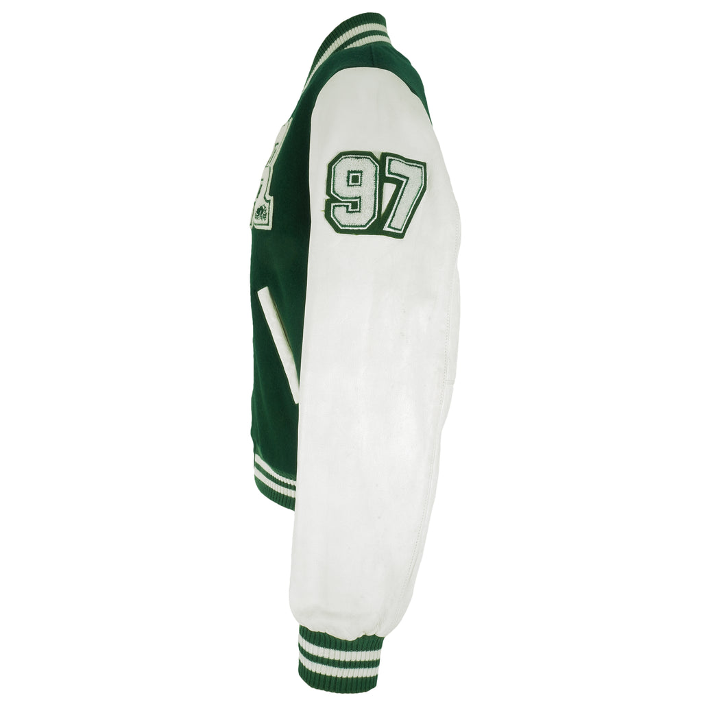Vintage (Roots Canada) - Green and White Spell-Out Varsity Jacket 1990s Medium Vintage Retro