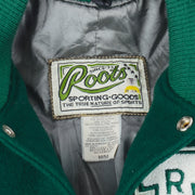 Vintage (Roots Canada) - Green and White Spell-Out Varsity Jacket 1990s Medium Vintage Retro