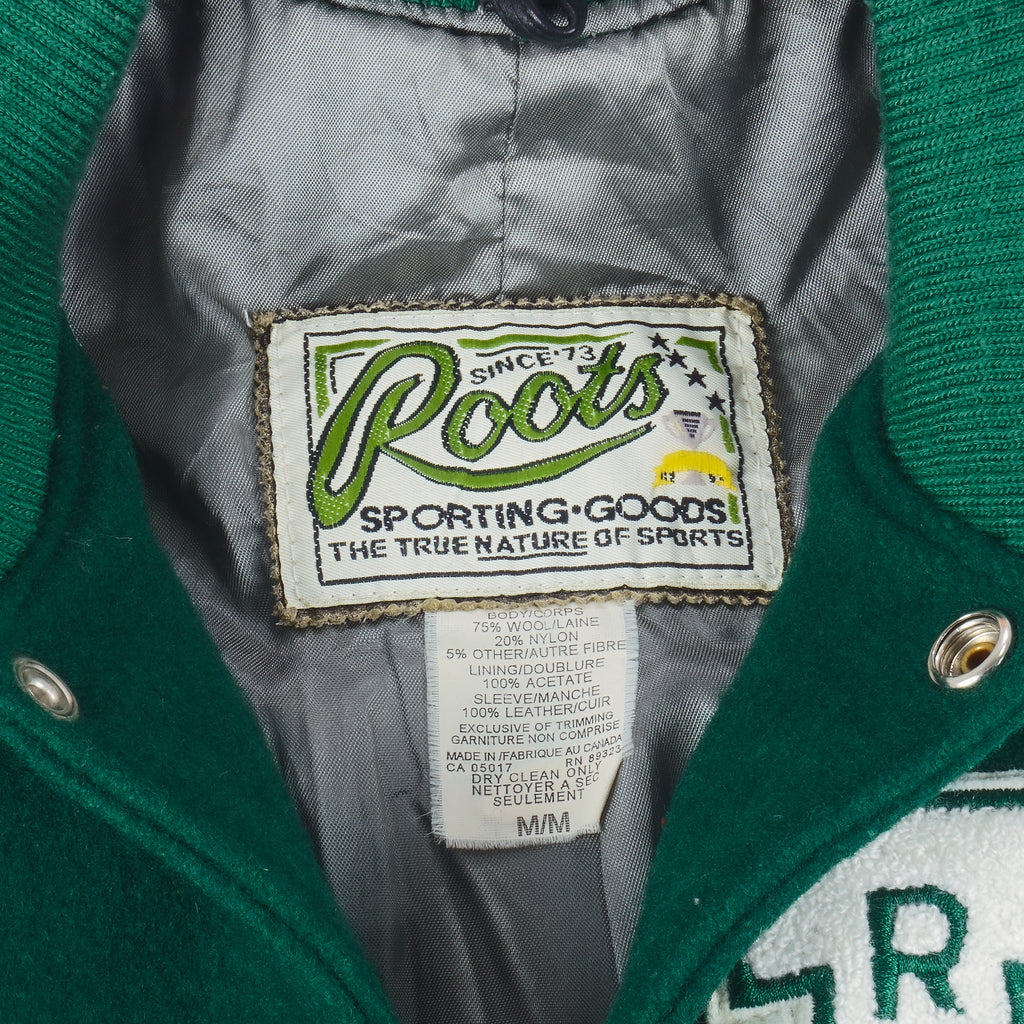 Vintage (Roots Canada) - Green and White Spell-Out Varsity Jacket 1990s Medium Vintage Retro
