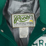 Vintage (Roots Canada) - Green and White Spell-Out Varsity Jacket 1990s Medium Vintage Retro