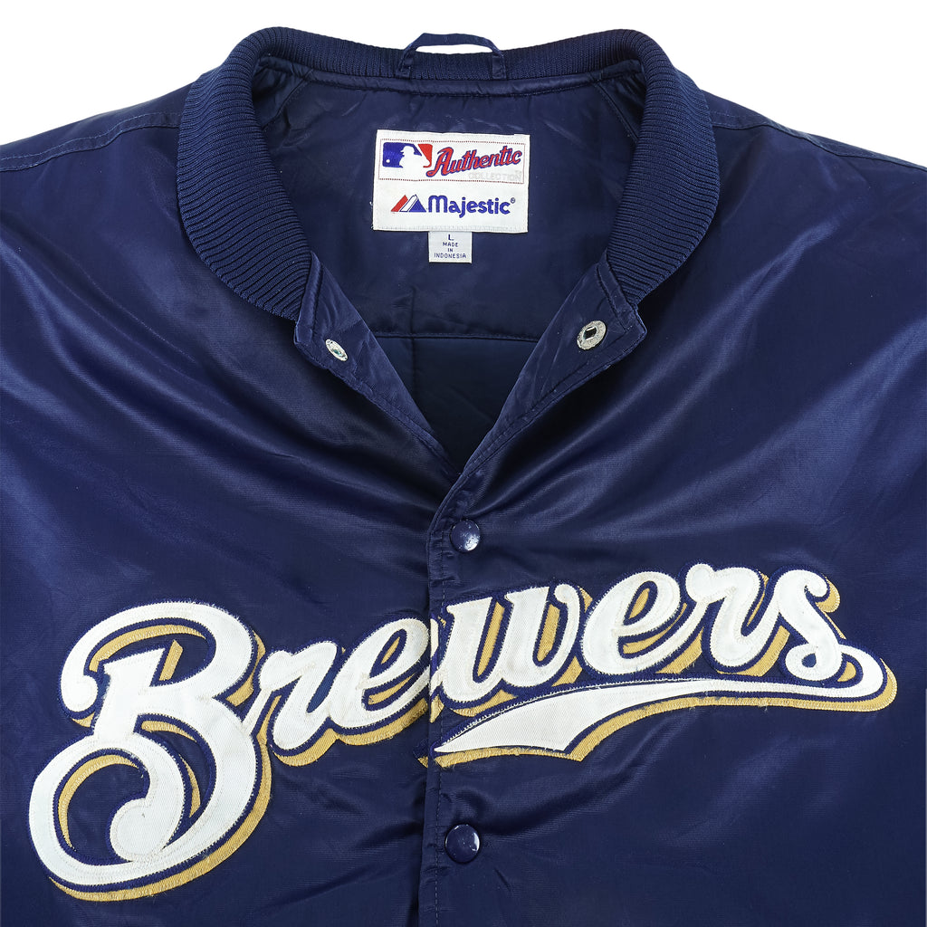 MLB (Marjestic) - Milwaukee Brewers Spell-Out Satin Jacket 1990s Large Vintage Retro Baseball