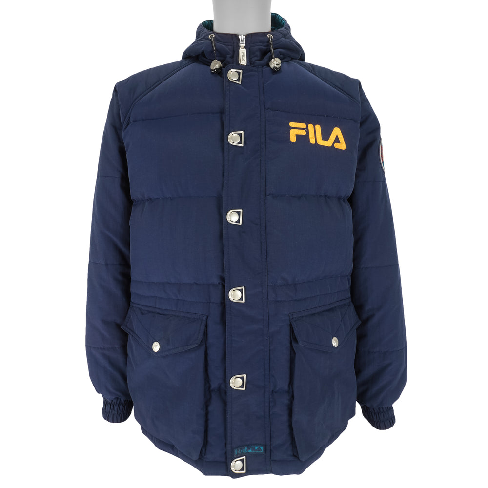 Fila - Blue Zip & Button-Up Hooded Jacket 1990s Medium Vintage Retro