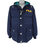 Fila - Blue Zip & Button-Up Hooded Jacket 1990s Medium Vintage Retro