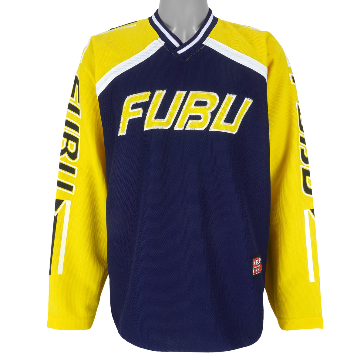 FUBU - Blue & Yellow Spell-Out V-neck Sweatshirt 1990s Large Vintage Retro
