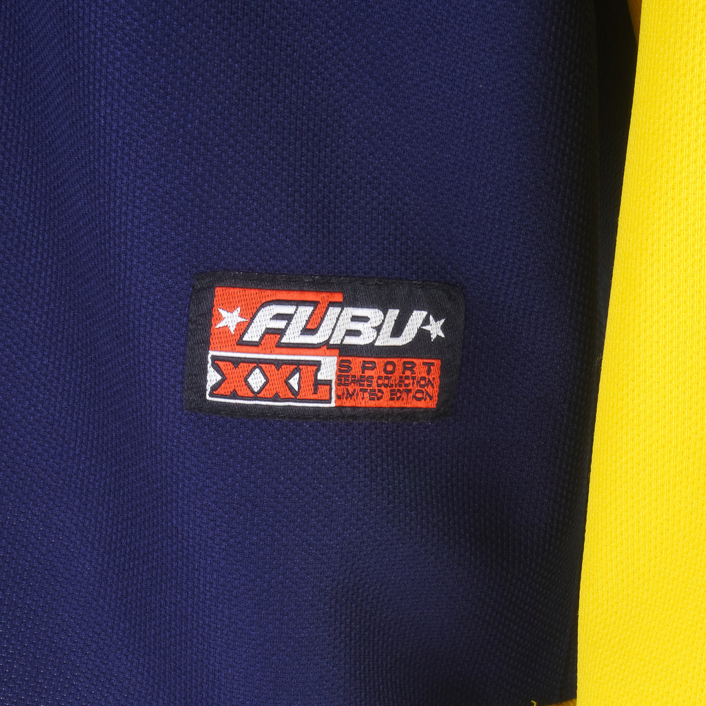 FUBU - Blue & Yellow Spell-Out V-neck Sweatshirt 1990s Large Vintage Retro
