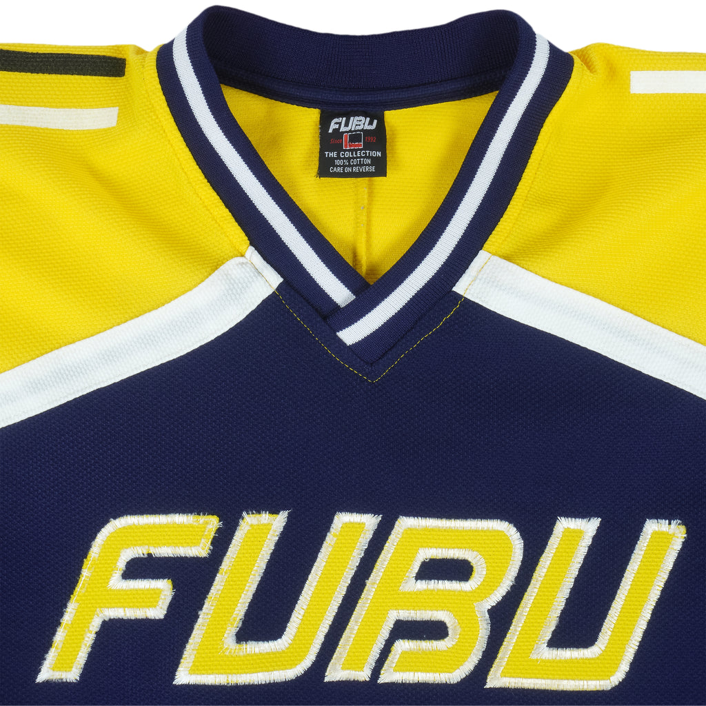 FUBU - Blue & Yellow Spell-Out V-neck Sweatshirt 1990s Large Vintage Retro