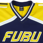 FUBU - Blue & Yellow Spell-Out V-neck Sweatshirt 1990s Large Vintage Retro