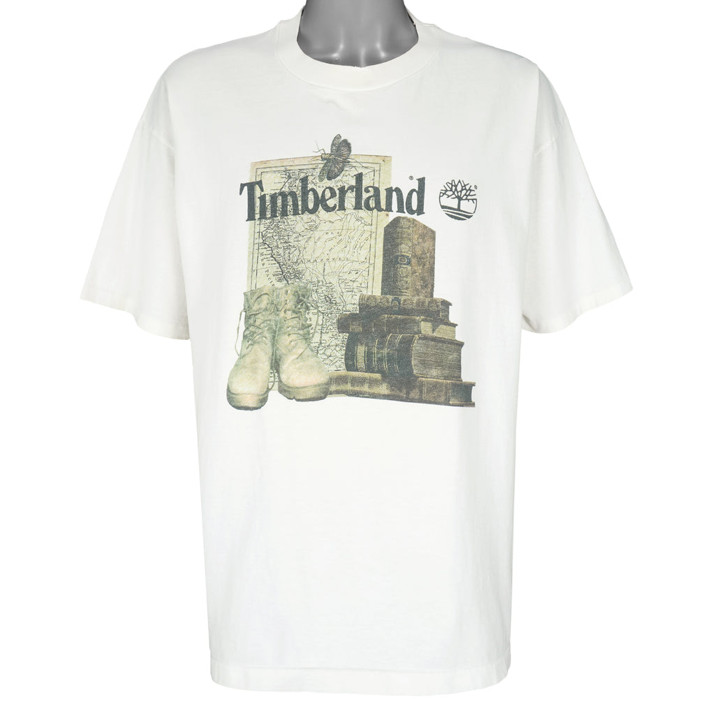 Timberland - Map Shoes And Books Single Stitch T-Shirt 1990s Large Vintage Retro