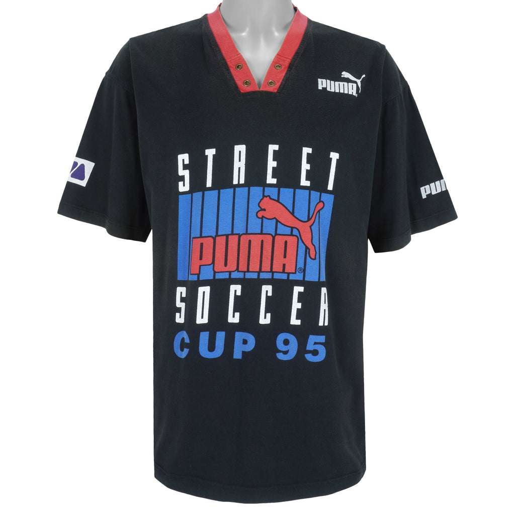 Puma - Black Soccer Cup 95 T-Shirt 1995 Large Vintage Retro Football