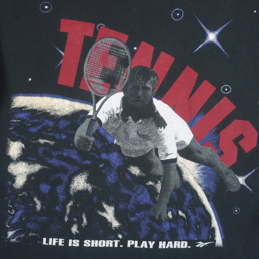 Reebok - Blue Tennis, Life Is Short, Play Hard T-Shirt 1990s X-Large Vintage Retro