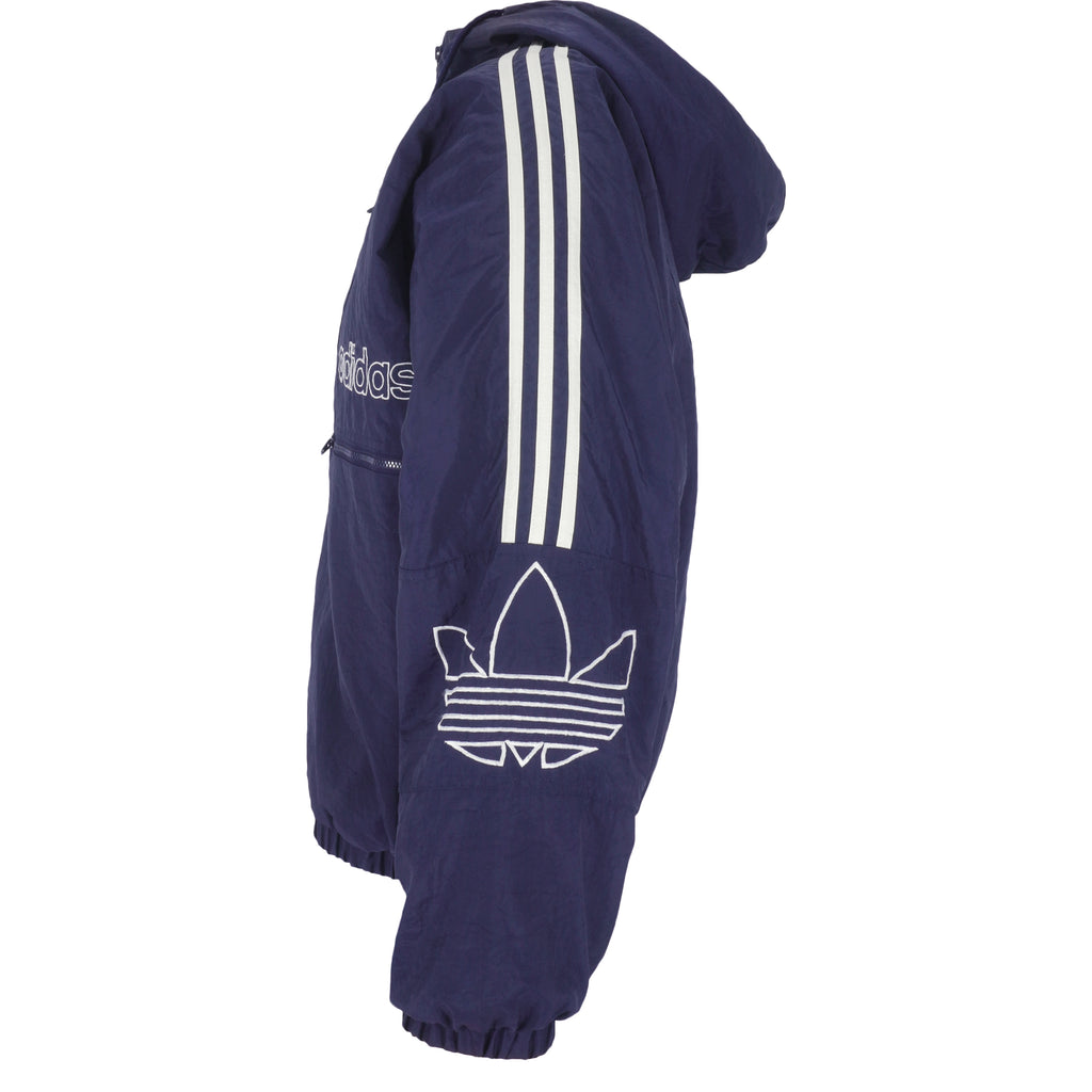 Adidas - Navy Blue Zip-Up Hooded Jacket 1990s Medium Vintage Retro