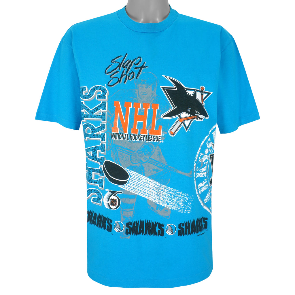 NHL (Waves) - Blue San Jose Sharks Slap Shot T-Shirt 1991 Large Vintage Retro Hockey