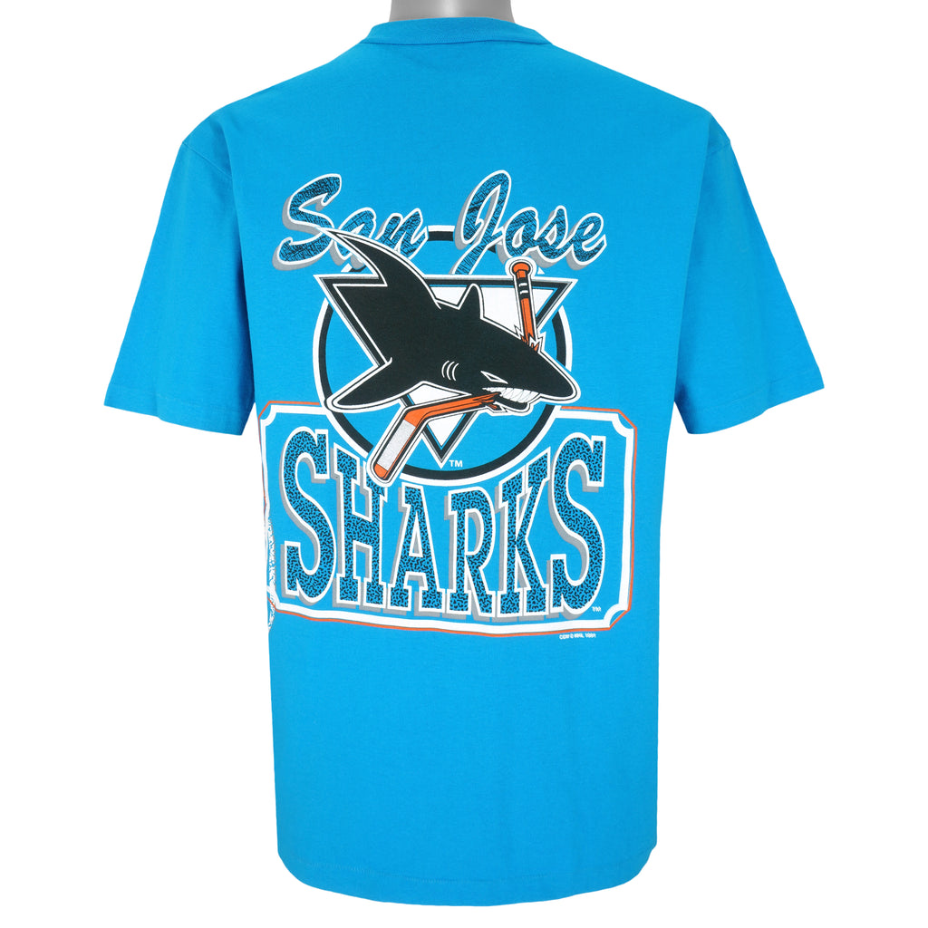 NHL (Waves) - Blue San Jose Sharks Slap Shot T-Shirt 1991 Large Vintage Retro Hockey