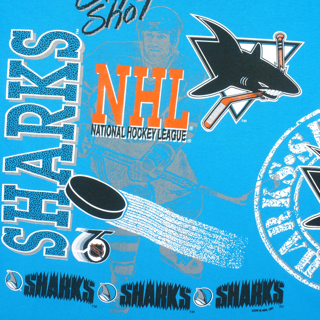 NHL (Waves) - Blue San Jose Sharks Slap Shot T-Shirt 1991 Large Vintage Retro Hockey