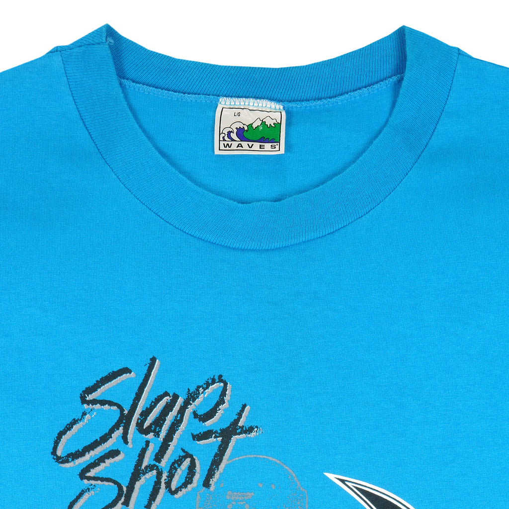 NHL (Waves) - Blue San Jose Sharks Slap Shot T-Shirt 1991 Large Vintage Retro Hockey