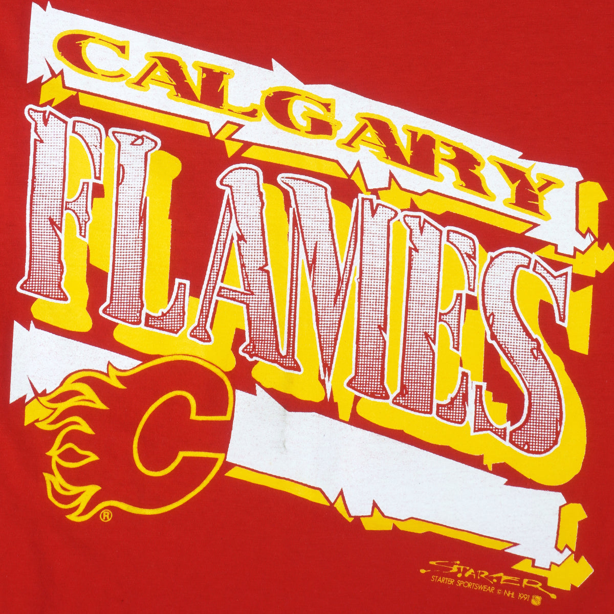 Starter - Calgary Flames Big Spell-Out T-Shirt 1991 X-Large Vintage Retro Hockey