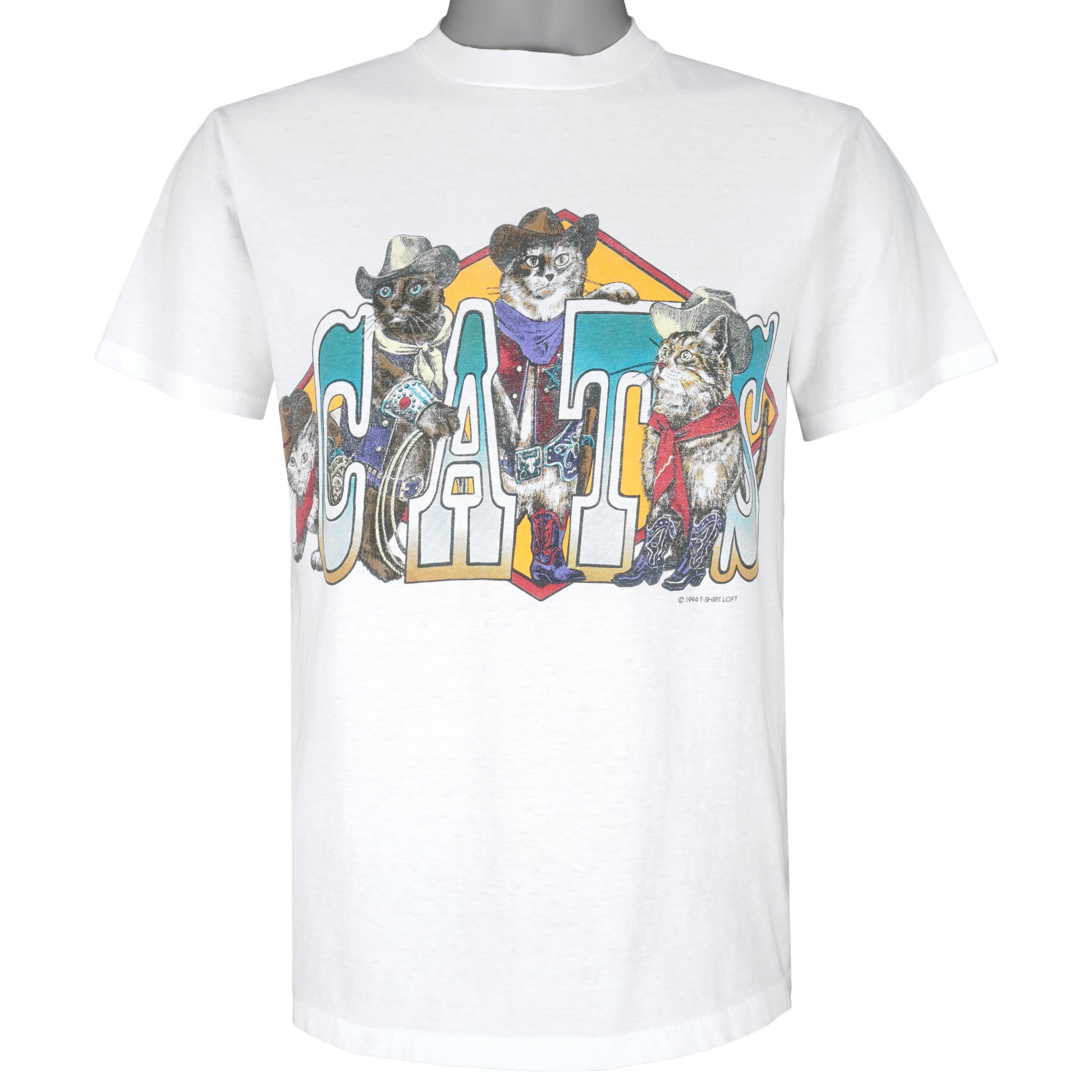 Vintage (Oneita) - White Cats T-Shirt 1990s Medium Vintage Retro