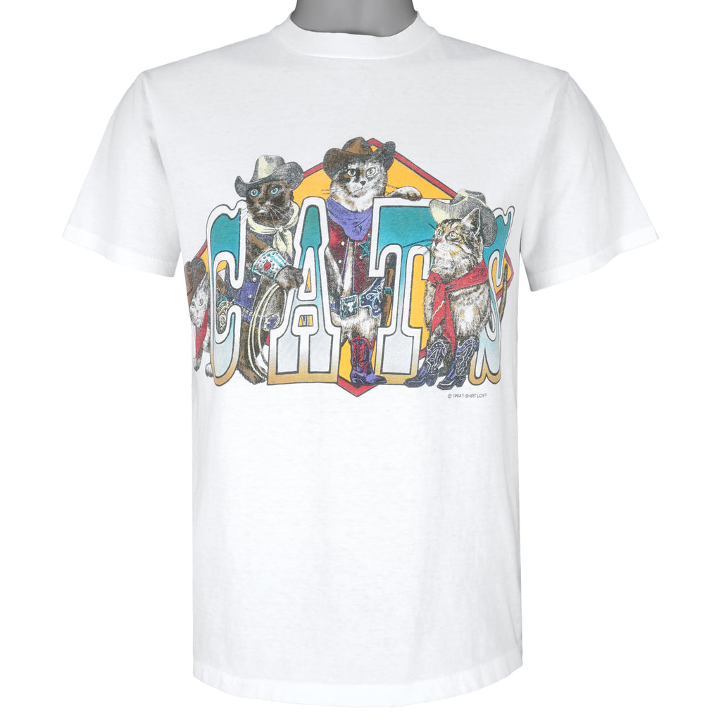 Vintage (Oneita) - White Cats T-Shirt 1990s Medium Vintage Retro