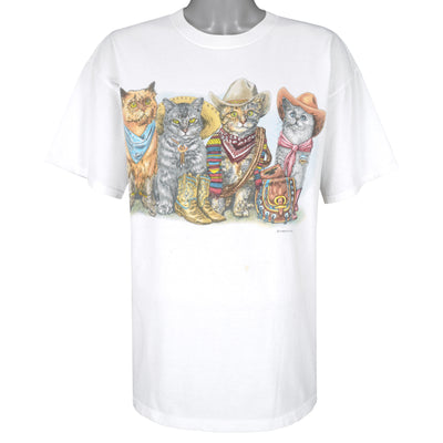 Vintage (Prints Of Tails) - Cowboy Cats Animal Print T-Shirt 1990s X-Large