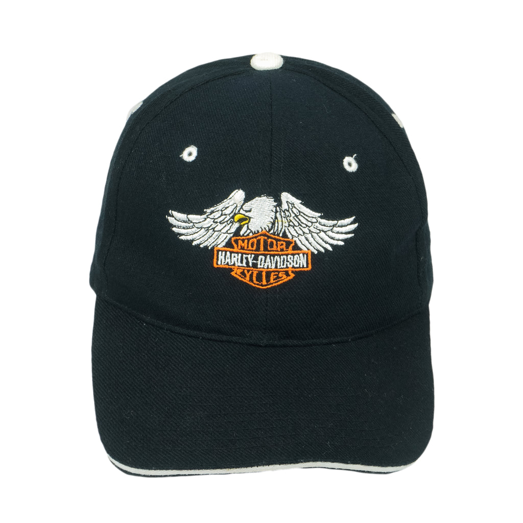 Harley Davidson - Black Embroidered Eagle Strapback Hat 1990s OSFA Vintage Retro