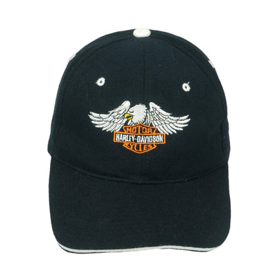 Harley Davidson - Black Embroidered Eagle Adjustable Hat 1990s OSFA