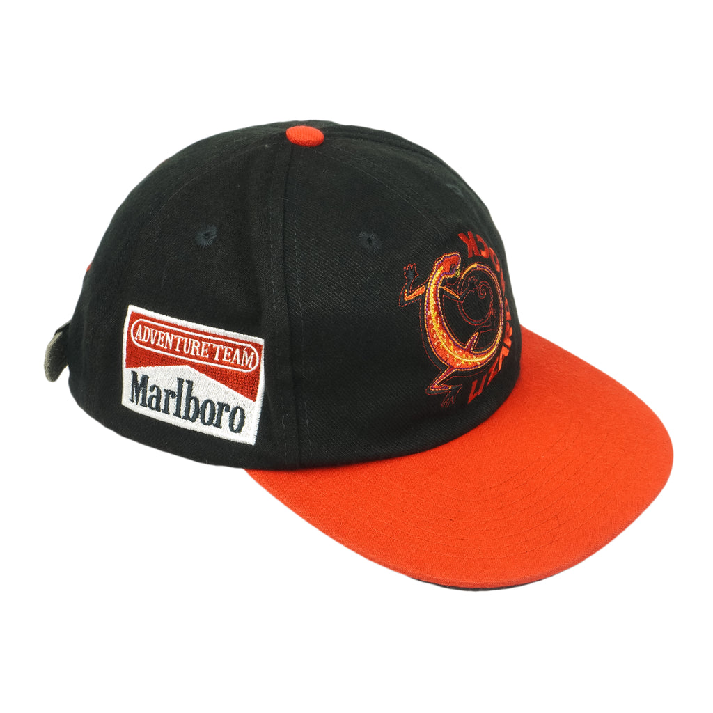 Vintage (Marlboro) - Black & Orange Adventure Team Lizard Rock Strapback Hat 1990s OSFA Retro Smokes