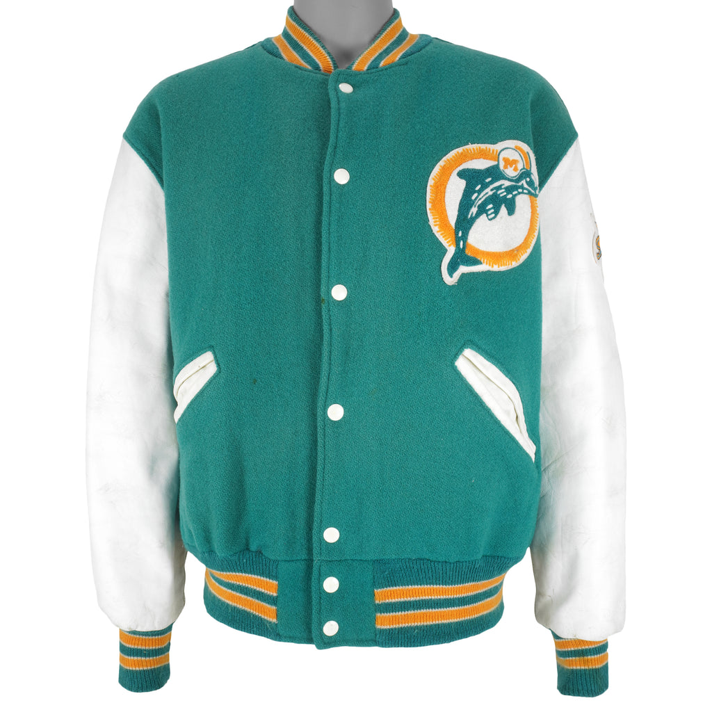 NFL (Delong) - Miami Dolphins Leather Wool Jacket 1990s X-Large Vintage Retro Football