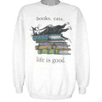 Vintage - Books Cats Life Is Good Crew Neck Sweatshirt 1990s Large Vintage Retro