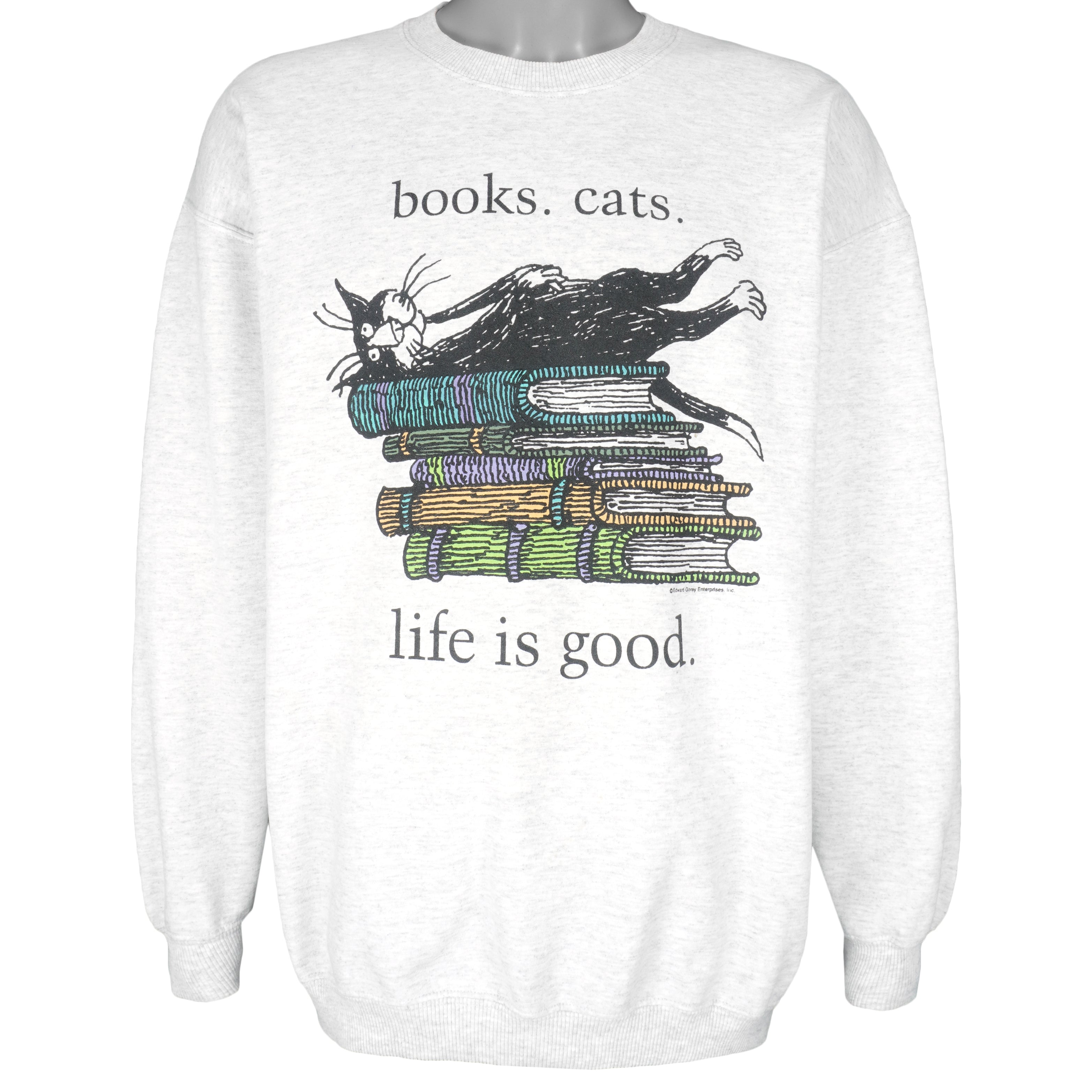 Vintage - Books Cats Life Is Good Crew Neck Sweatshirt 1990s Large Vintage Retro