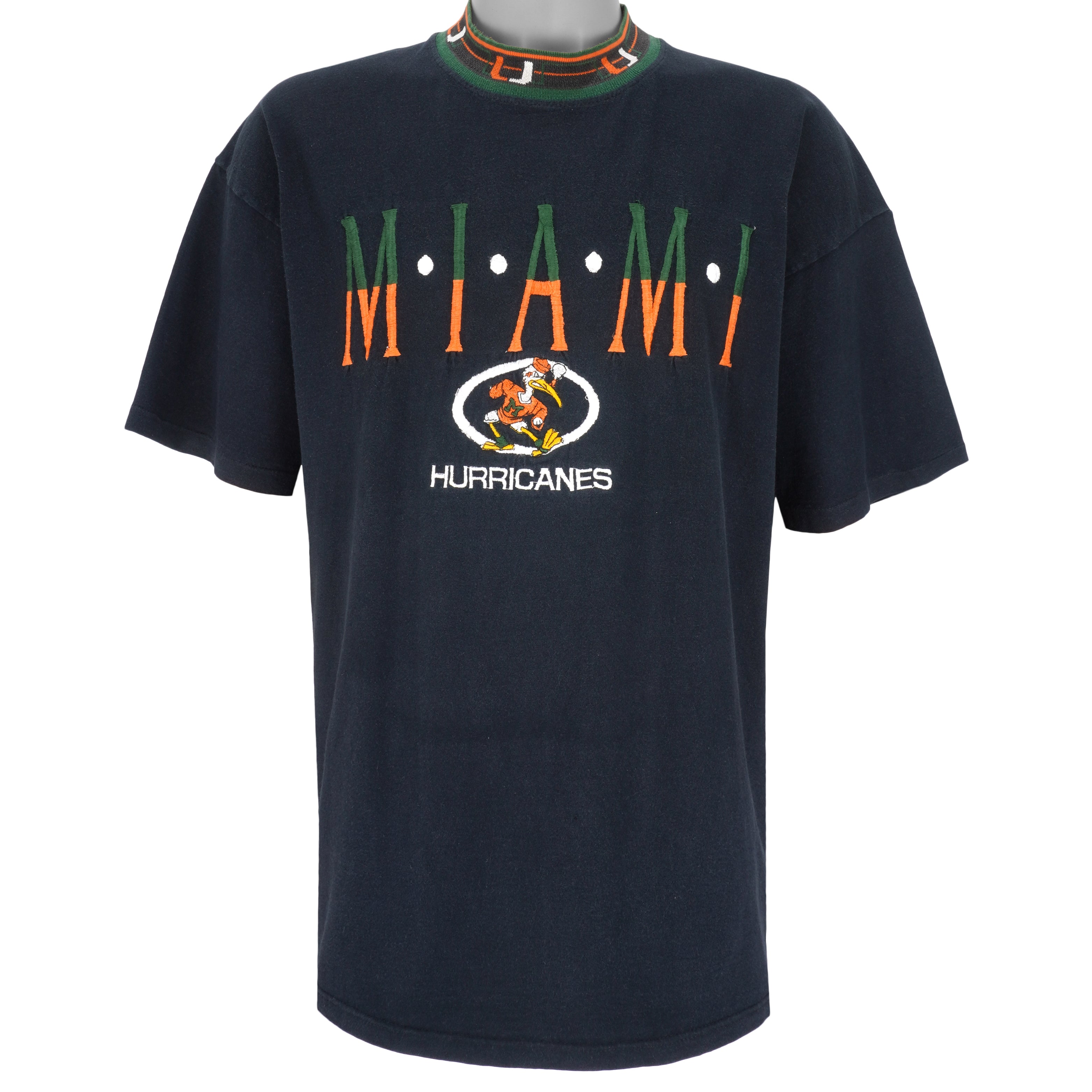 NCAA - Miami Hurricanes Embroidered T-Shirt 1990s X-Large Vintage Retro Collage