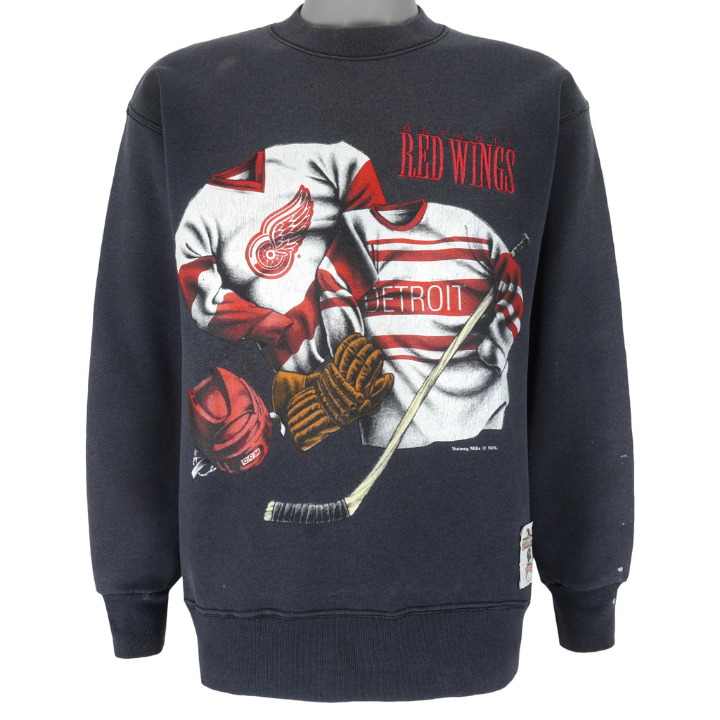 NHL (Nutmeg Mills) - Detroit Red Wings Embroidered Sweatshirt 1990s Medium Vintage Retro Baseball