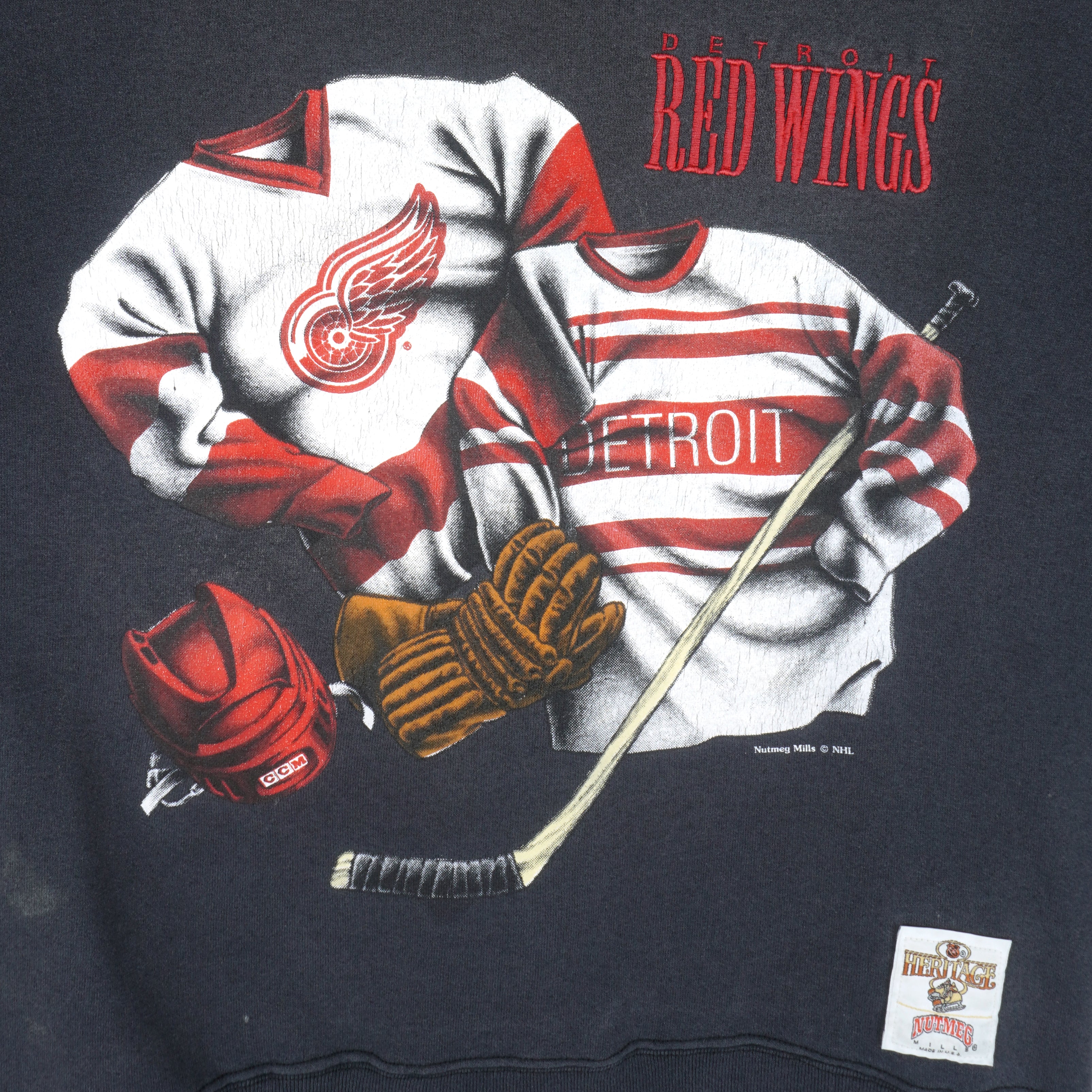 NHL (Nutmeg Mills) - Detroit Red Wings Embroidered Sweatshirt 1990s Medium Vintage Retro Baseball