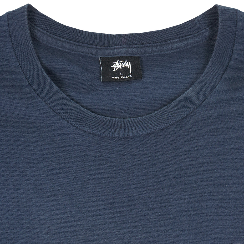 Stussy - Dark Blue Embroidered T-Shirt 1990s Large Vintage Retro