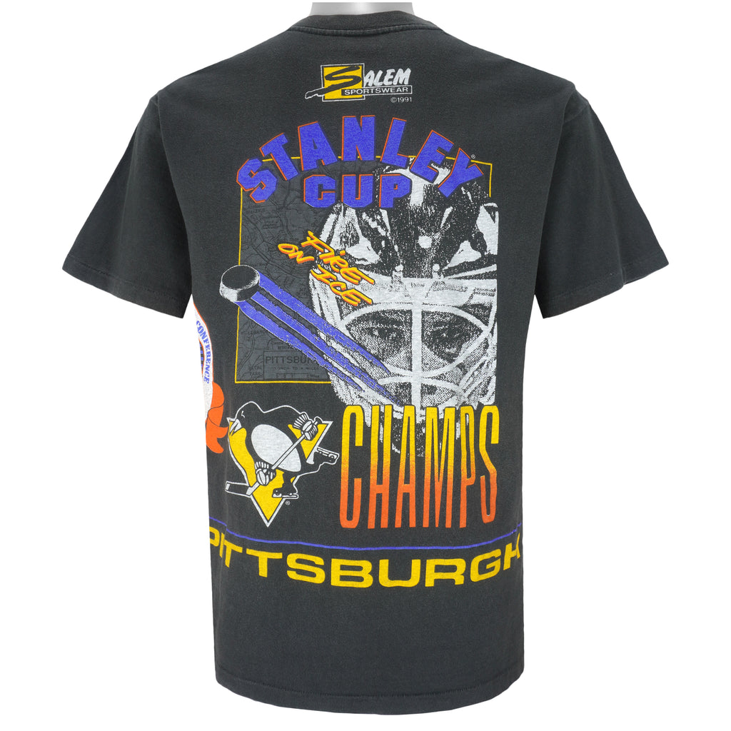 NHL (Salem) - Pittsburgh Penguins Fire On Ice T-Shirt 1991 Large Vintage Retro Hockey