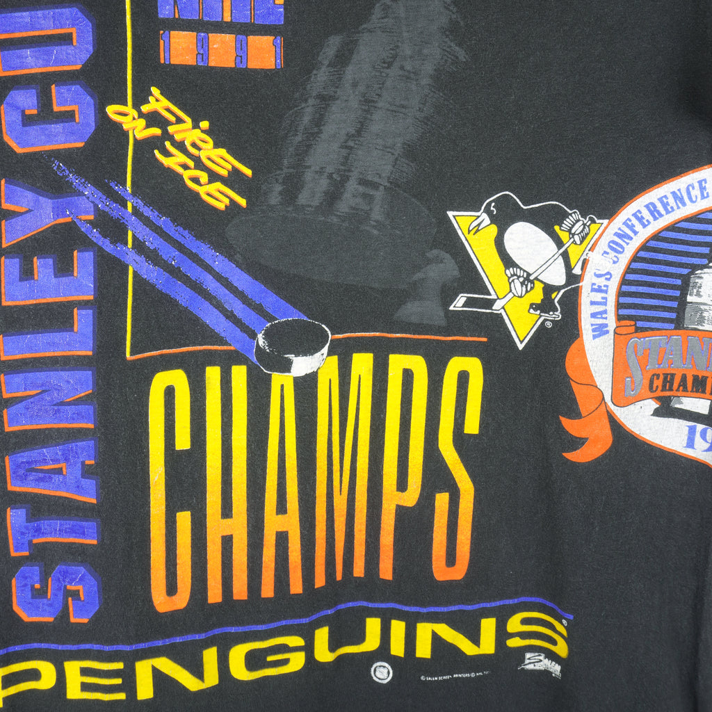 NHL (Salem) - Pittsburgh Penguins Fire On Ice T-Shirt 1991 Large Vintage Retro Hockey