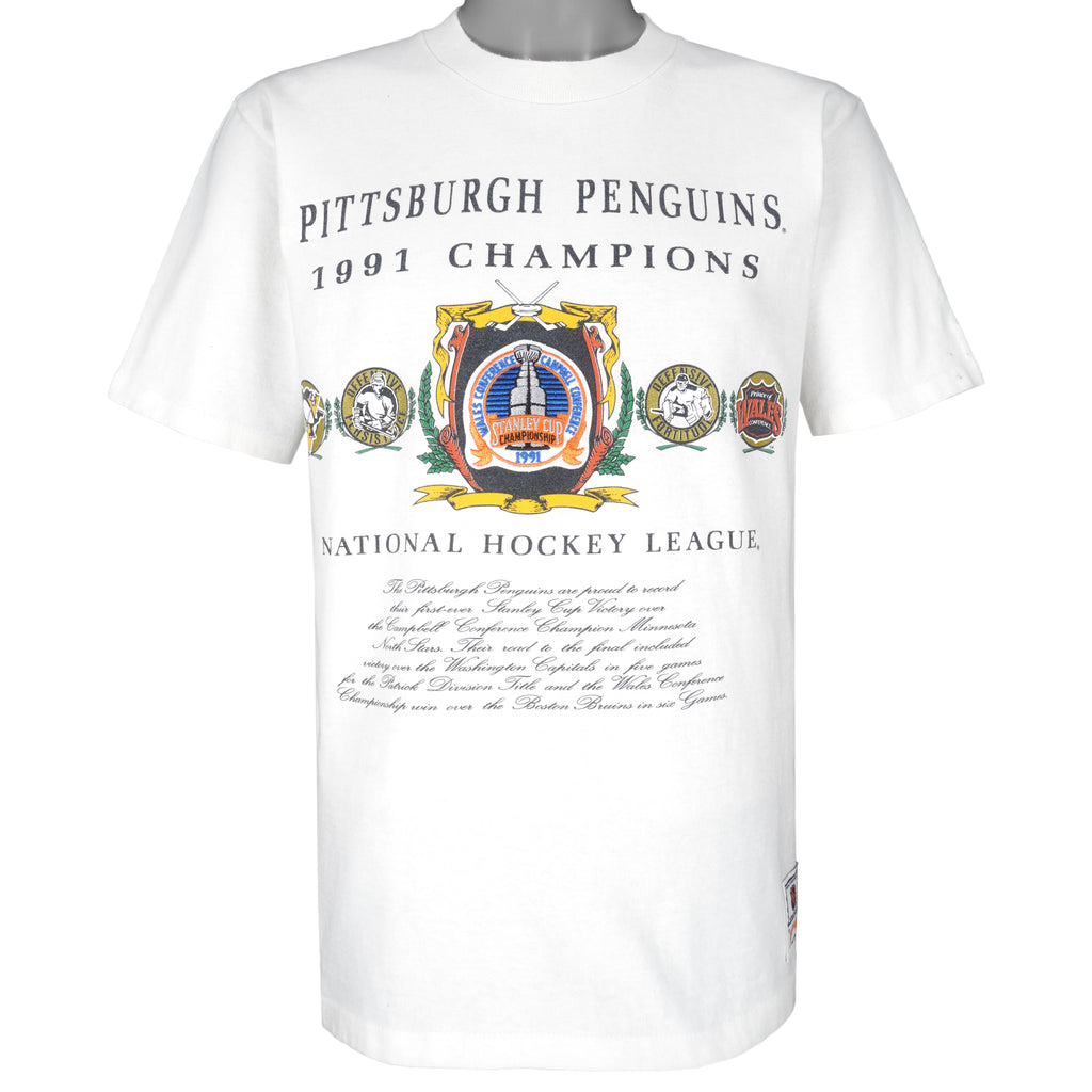 NHL (Nutmeg) - Pittsburgh Penguins Champions T-Shirt 1991 Large Vintage Retro Baseball