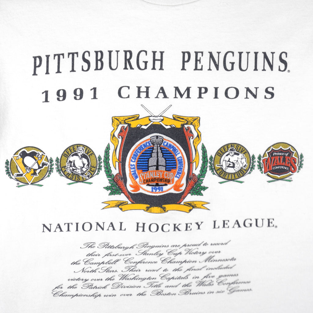 NHL (Nutmeg) - Pittsburgh Penguins Champions T-Shirt 1991 Large Vintage Retro Baseball