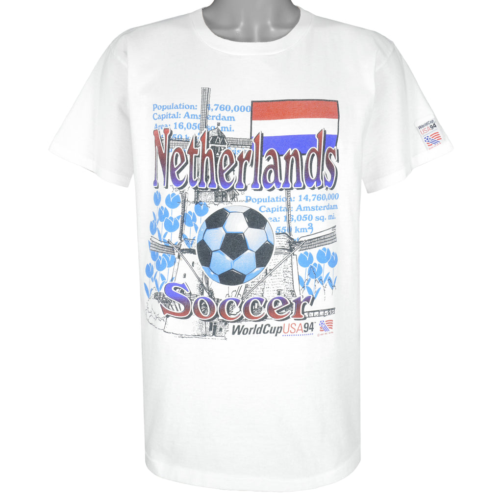Vintage - White World Cup USA 94, Netherlands T-Shirt 1990s Large Vintage Retro Football