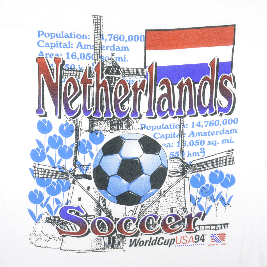 Vintage - White World Cup USA 94, Netherlands T-Shirt 1990s Large Vintage Retro Football