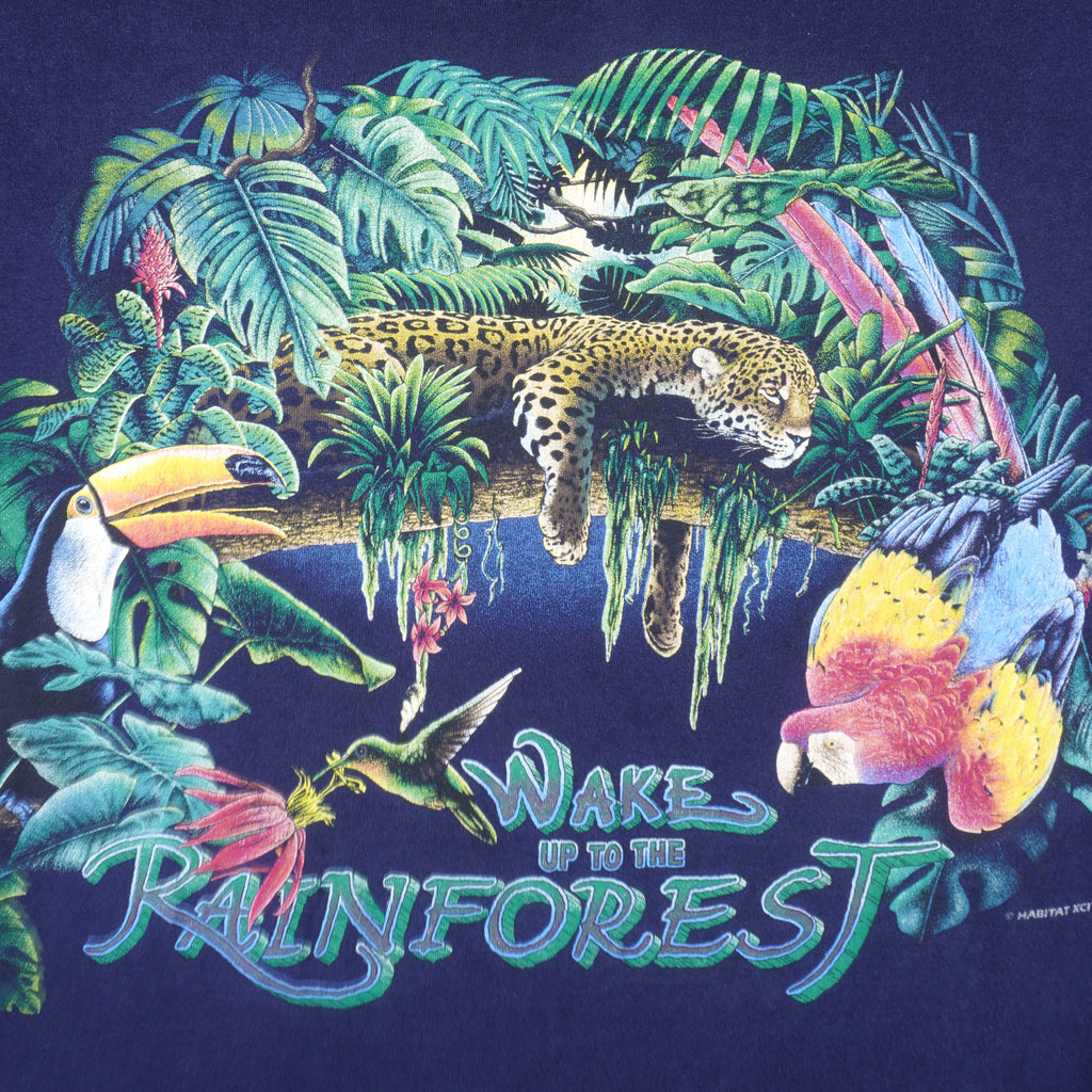 Vintage (Habitat) - Blue Wake Up To Rain Forest T-Shirt 1990s Large Vintage Retro