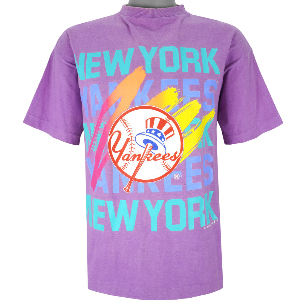 MLB (Soft Wear) - Purple New York Yankees T-Shirt 1991 Medium Vintage Retro Baseball