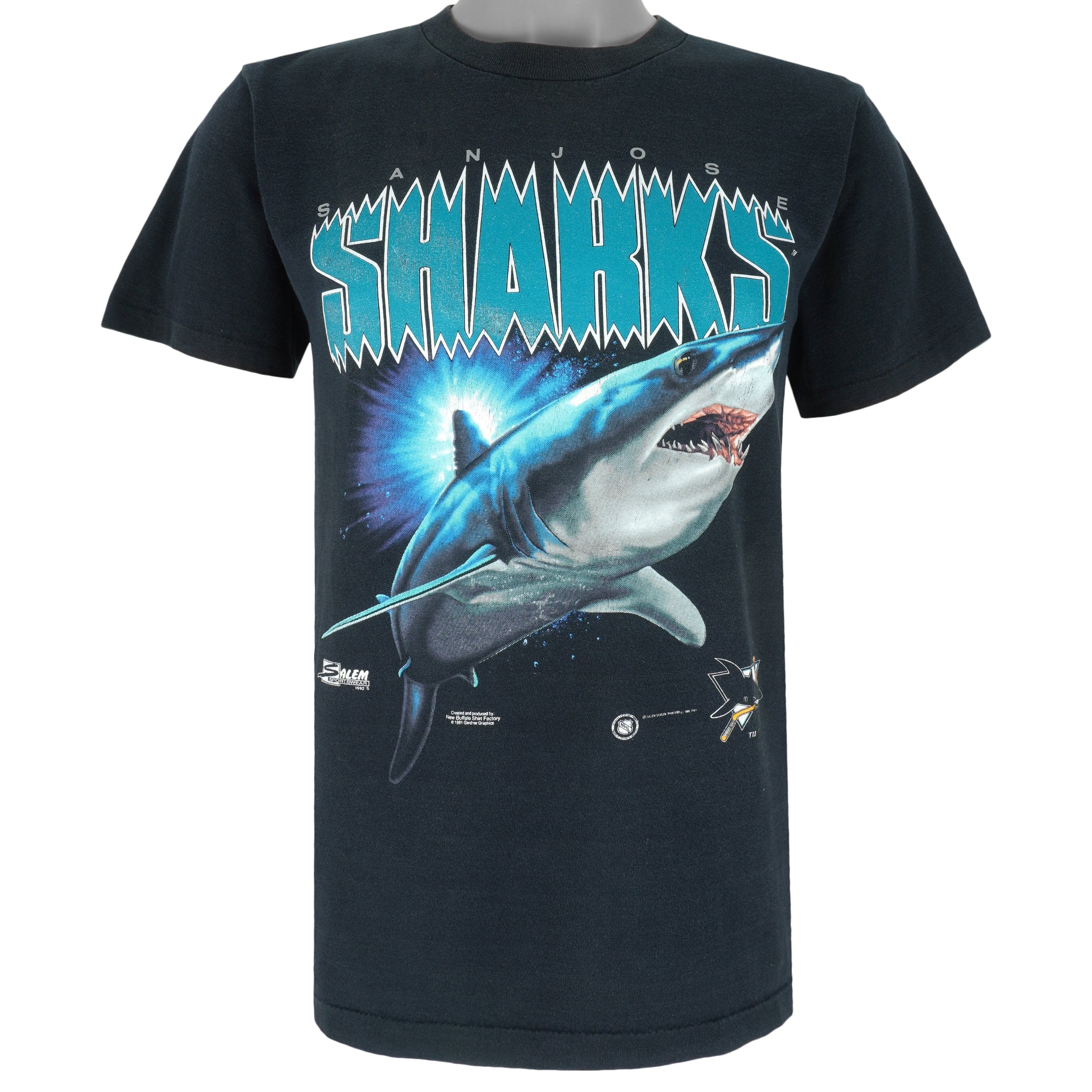 NHL (Salem) - Black San Jose Sharks T-Shirt 1991 Medium Vintage Retro Hockey