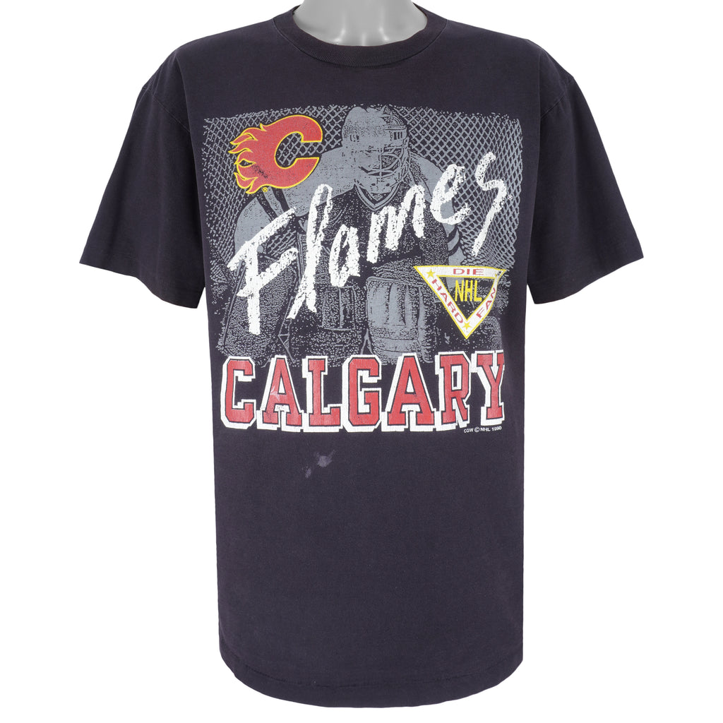 NHL (Waves) - Calgary Flames Die Hard Fan T-Shirt 1990 Large Vintage Retro Hockey