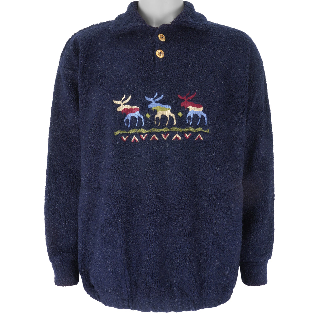 Vintage - Moose Embroidered Fleece Sweatshirt 1990s Large Vintage Retro