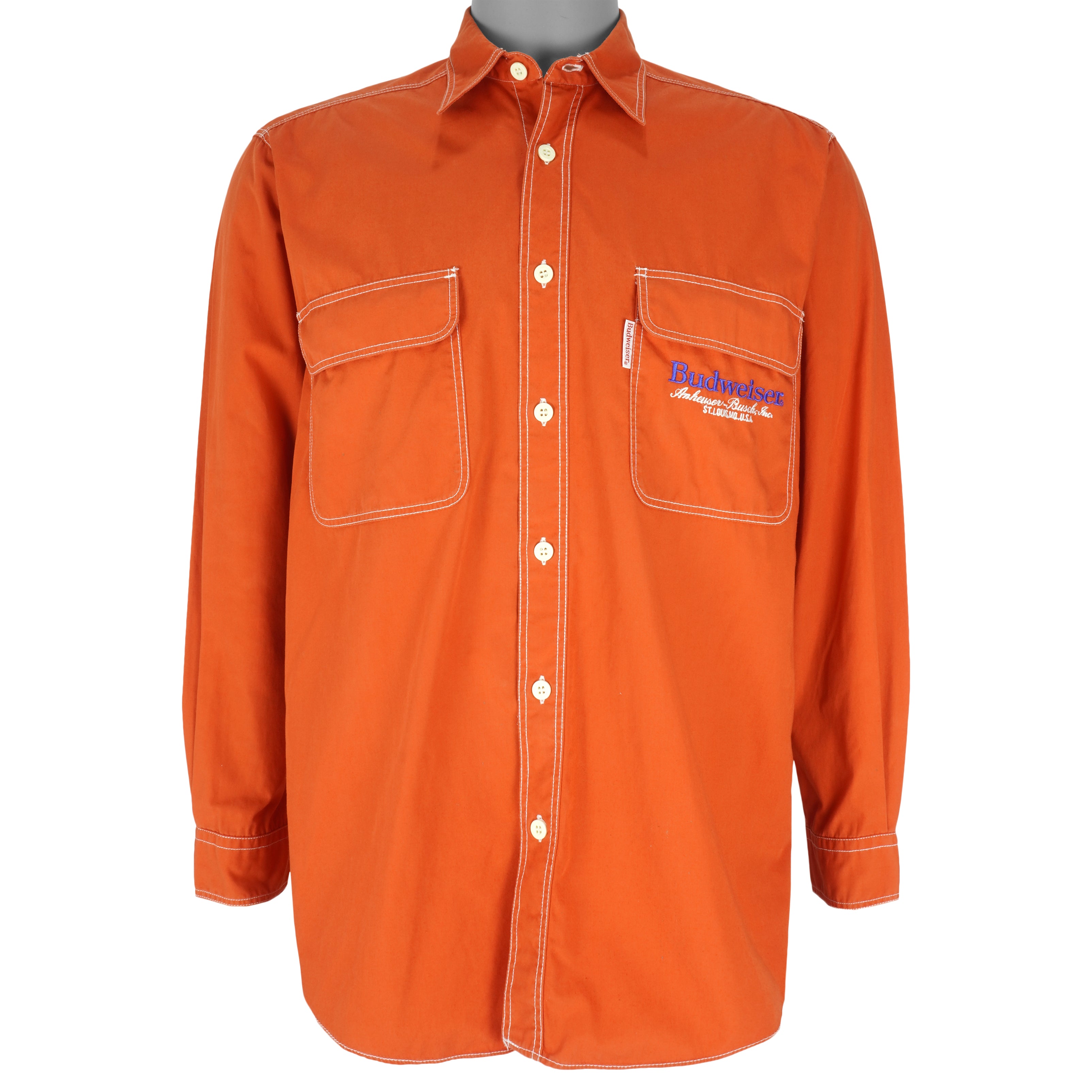 Vintage - Orange Budweiser Long Sleeved Shirt 1990s Medium Vintage Retro