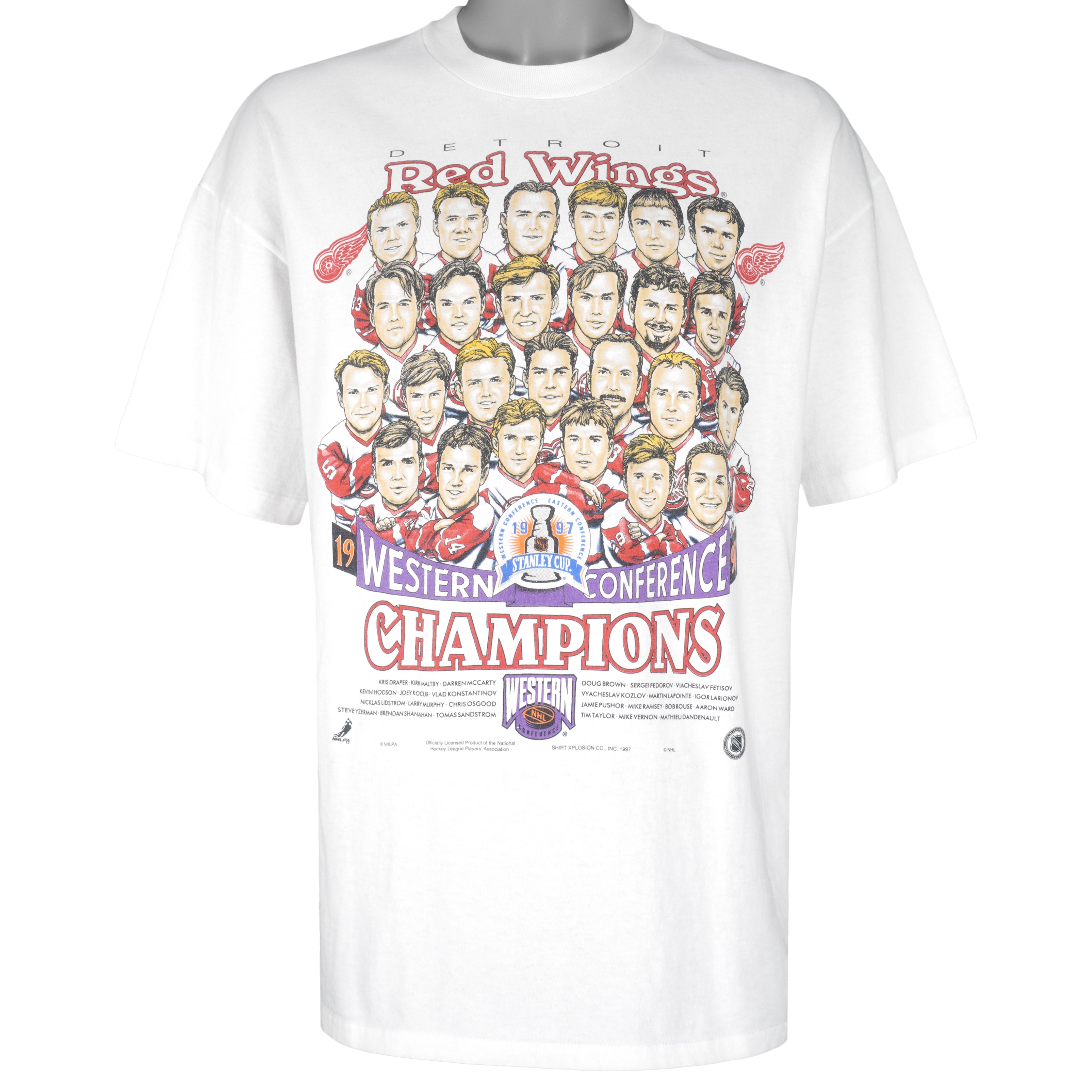 NHL (Hanes) - Red Wings Stanley Cup Champions Caricature T-Shirt 1997 X-Large Vintage Retro Hockey