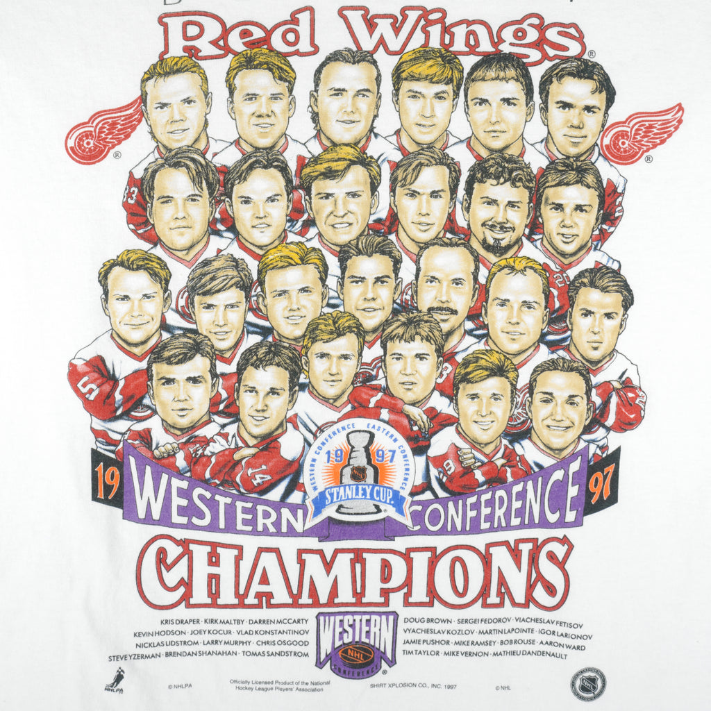 NHL (Hanes) - Red Wings Stanley Cup Champions Caricature T-Shirt 1997 X-Large Vintage Retro Hockey