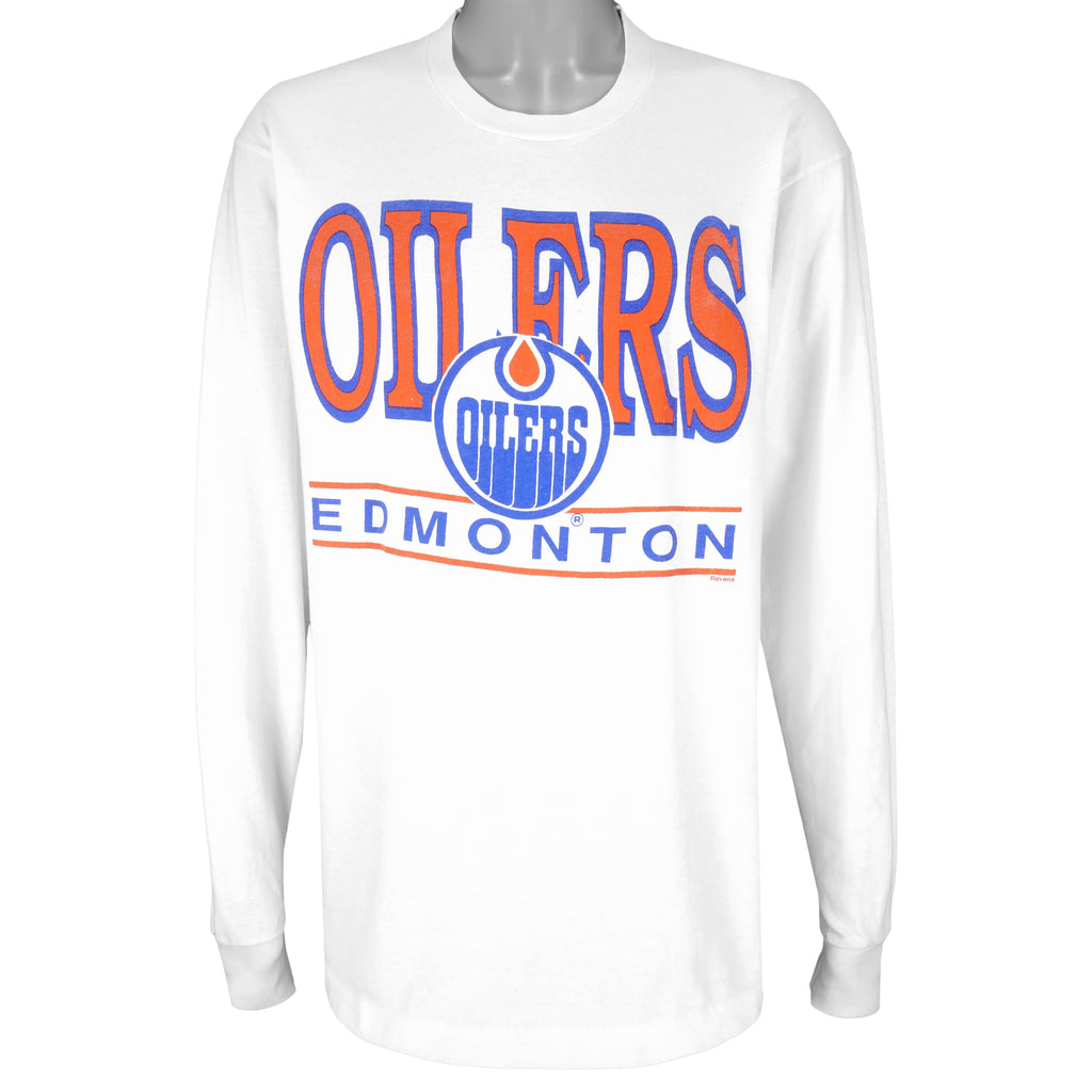NHL (Ravens Athletic) - Edmonton Oilers Big Logo Sweatshirt 1990s X-Large Vintage Retro Baseball
