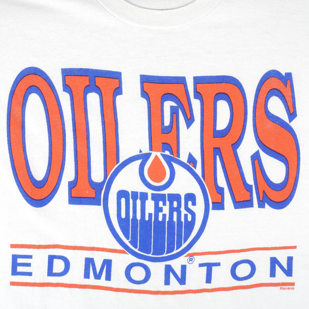 NHL (Ravens Athletic) - Edmonton Oilers Big Logo Sweatshirt 1990s X-Large Vintage Retro Baseball