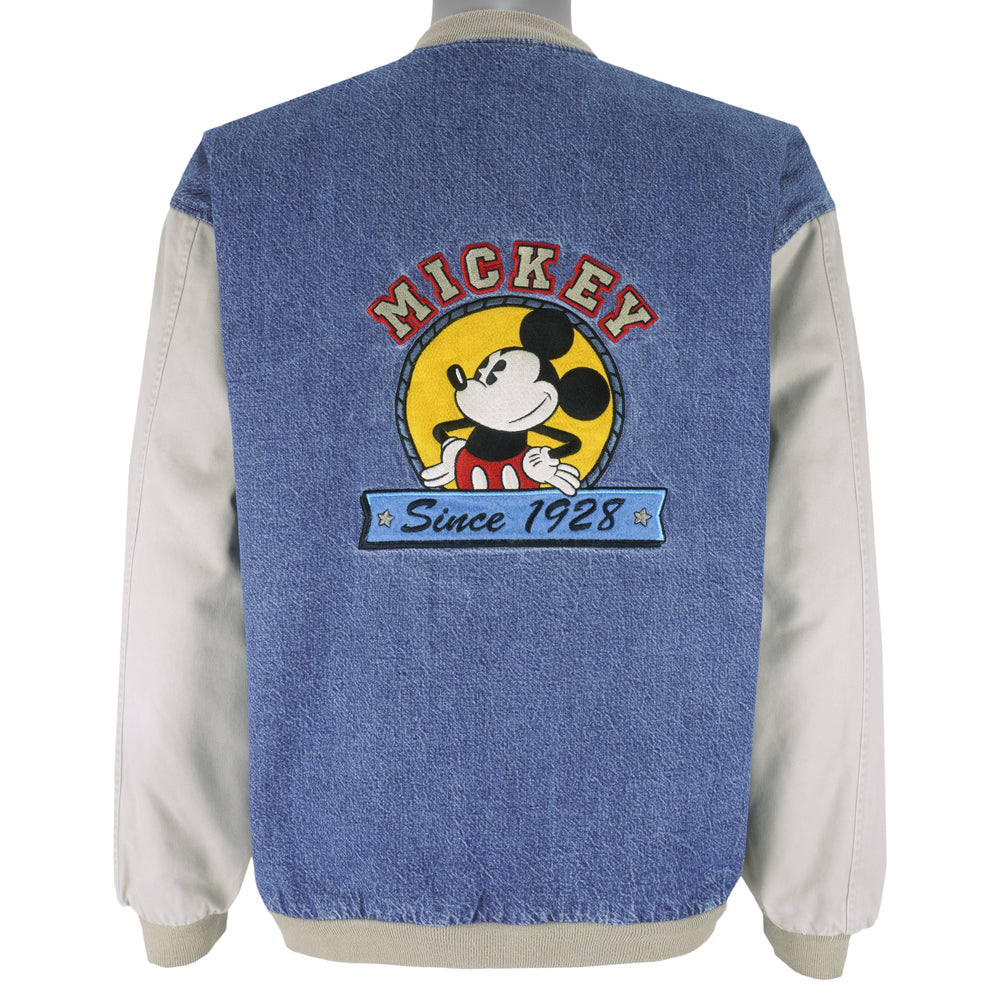 Disney - Mickey Mouse Embroidered Denim Bomber Jacket 1990s Large Vintage Retro